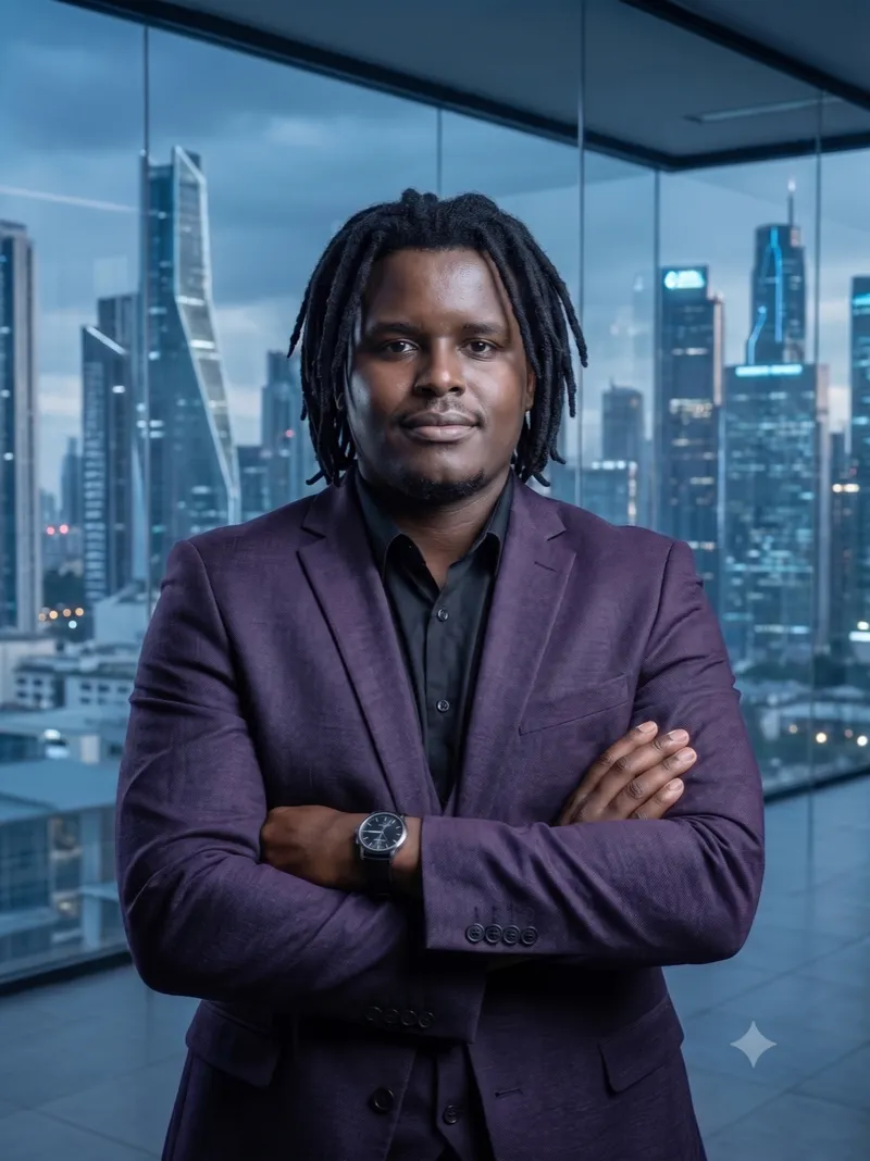 Ludenyo Wangia in front of a city skyline