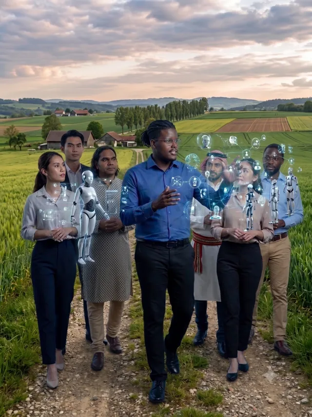 A diverse team walking through farmland accompanied by holographic AI companions